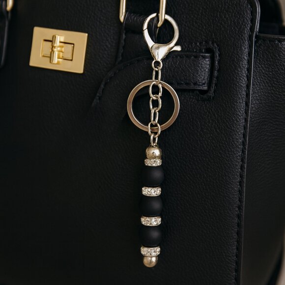 Elegant Black Matte Beaded Keychain with Silver Rhinestone Spacers - Picture 1 of 5